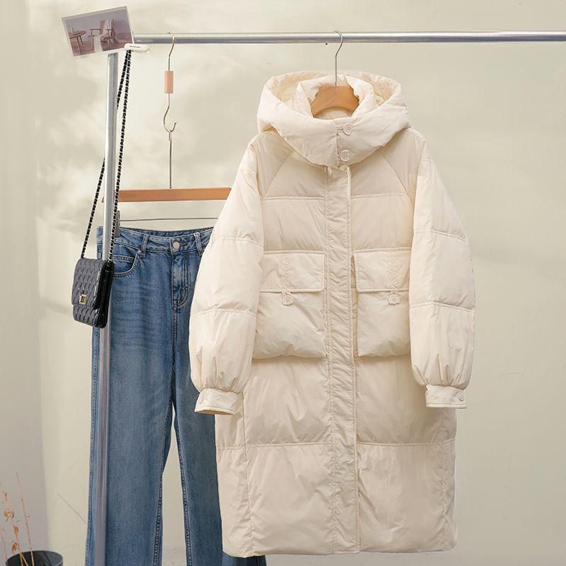 2024 Women's Mid-Length White Duck Down Hooded Winter Coat