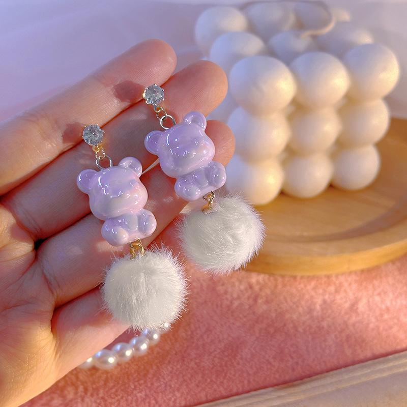 2023 Lovely Acrylic Little Bear Asymmetric Earrings For Women Fashion Party Zircon Gift Accessories