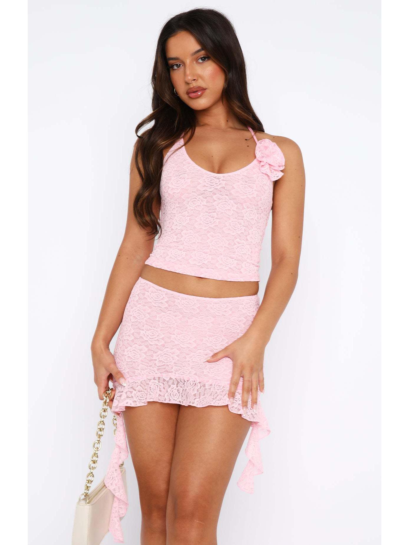 

Европейско-американское кружевное платье с открытой спиной и облегающим силуэтом, с длинной юбкой Large розовый