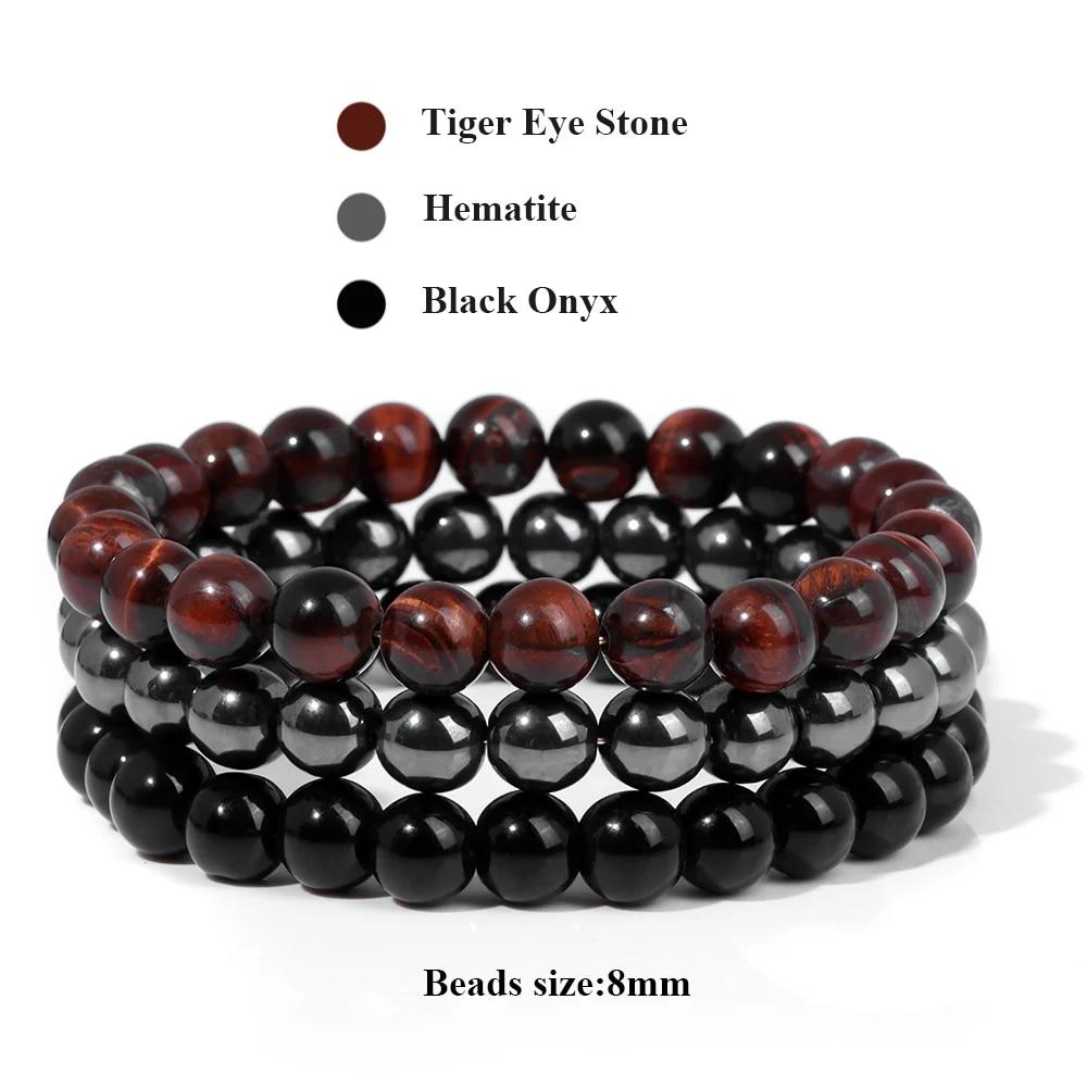 8mm Natural Stone Bracelet Set 3Pcs/set Rhodonite Rose Pink Quartzs Moonstone Amethysts Hematite Bracelets For Women Men Jewelry