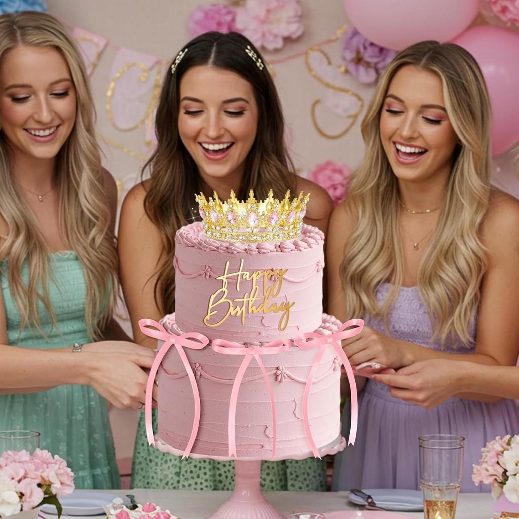 8Pcs Queen Crown Cake Topper Happy Birthday Princess Tiaras Headband with Bow Tie Wedding Cake Decorations Party Supplies