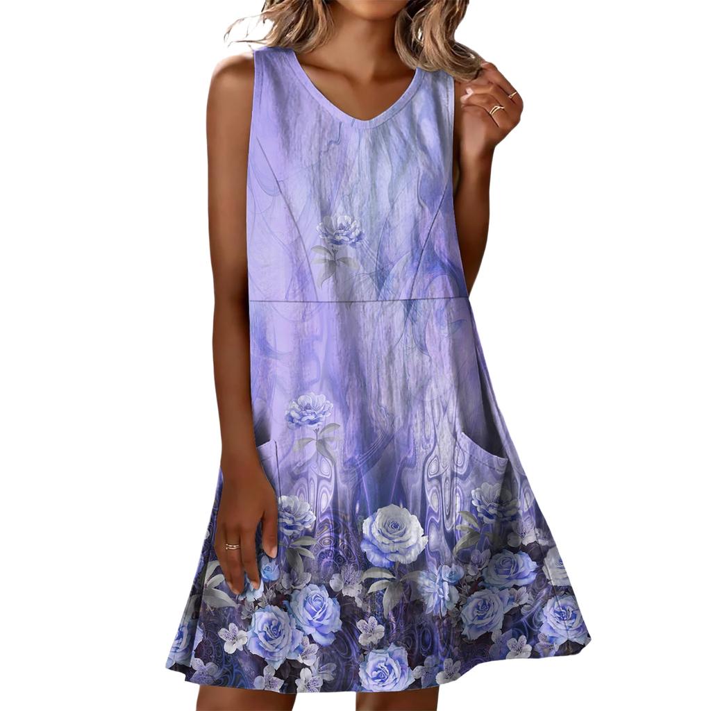 Summer Dresses For Women Loose Beach Vacation Casual Sleeveless V-neck  Sundresses With Pockets Tank Dress