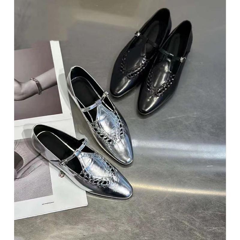 Sheepskin Version~ Silver Single Shoes Women's Summer Pointed Leather Woven Hollow Flat-bottomed Versatile Small Leather Shoes Mary Jane Shoes