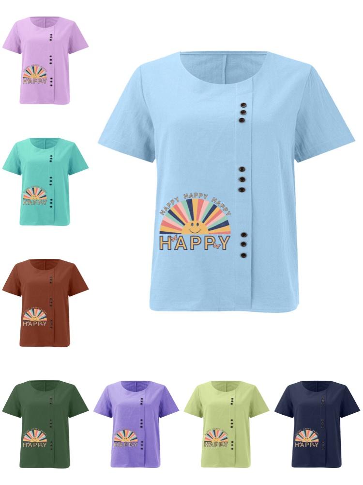 Women's Fashion Rainbow Letters Print Printing Shot Sleeve T-shirt Loose Cotton Shirt Casual Loose Summer Plus Size Blouse Tops