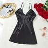 Skin-friendly Sleepwear Women's Satin Lace Chemise Nightgown, Sexy Full Slip Nightgown Babydoll Sleepwear, Sleeveless V Neck Mini Nightdress Pajama