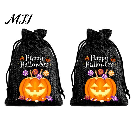 Small Storage for Candies 2Pcs Halloween Pumpkin Drawstring Bags Candy Treats, Retro Burlap Pattern Party Favors Trick or Treat Bags, Portable Goodie