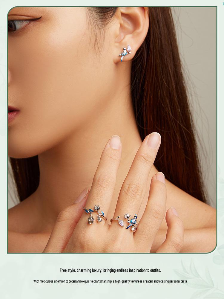 Silver Blue Bird Earrings & Ring Set - Unique 925 Sterling Design