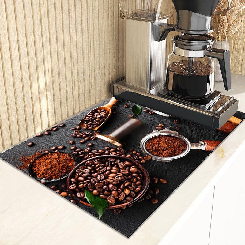 Kitchen Tableware Drying Mat Printed Coffee Machine Drain Pad Countertop Absorbent Draining Mat Placemat Dinnerware Table Decor