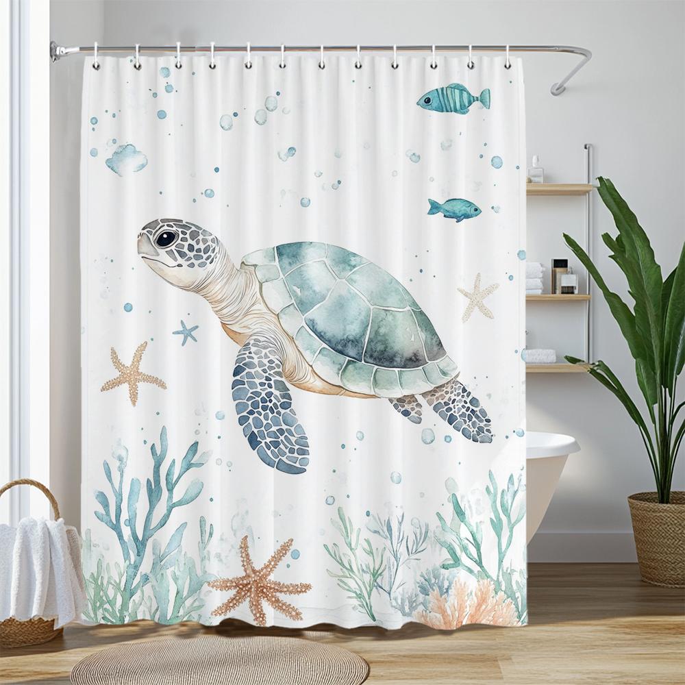 Sea Turtle Shower Curtain, Beach Coastal Sea Turtle Starfish Jellyfish Underwater Creatures Bathroom Decorative Shower Curtains