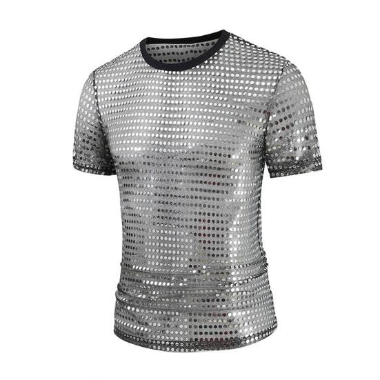 T-shirt con paillettes per uomo, maglietta da danza jazz moderna con pois scintillanti, scollo tondo, maniche corte, top da esibizione, top da discoteca anni '70, per festival in discoteca