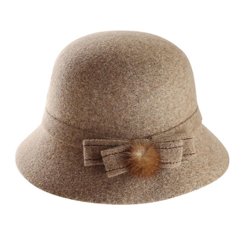Autumn and winter women's high-end hats, middle-aged mother hats, top hats, woolen bows, basin hats, fashion hats, ladies