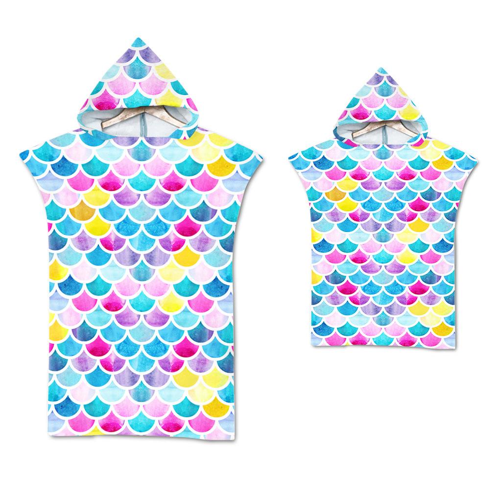 Rainbow Scale Microfiber Beach Towel Quick Dry Hooded Cloak Wetsuit Towels Adult Kids Parent-Child Poncho Bathrobe for Swim Surf