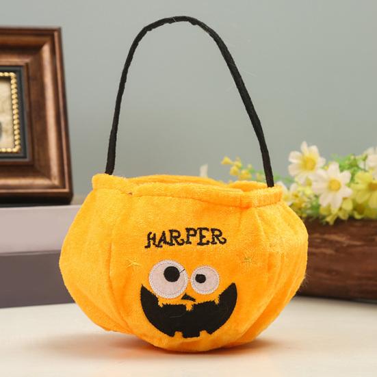 Xiaobudian Halloween Trick or Treat Bucket, 9.8x5.9 Inch Pumpkin Witch Black Cat Plush Tote Bag, Soft Candy Basket with Handle for Party Favors