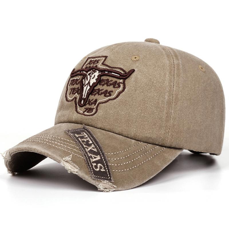 Vintage American-Style Washed Distressed Bull Head Embroidery Baseball Cap Outdoor Casual Sun-Shading Distressed Visor Cap
