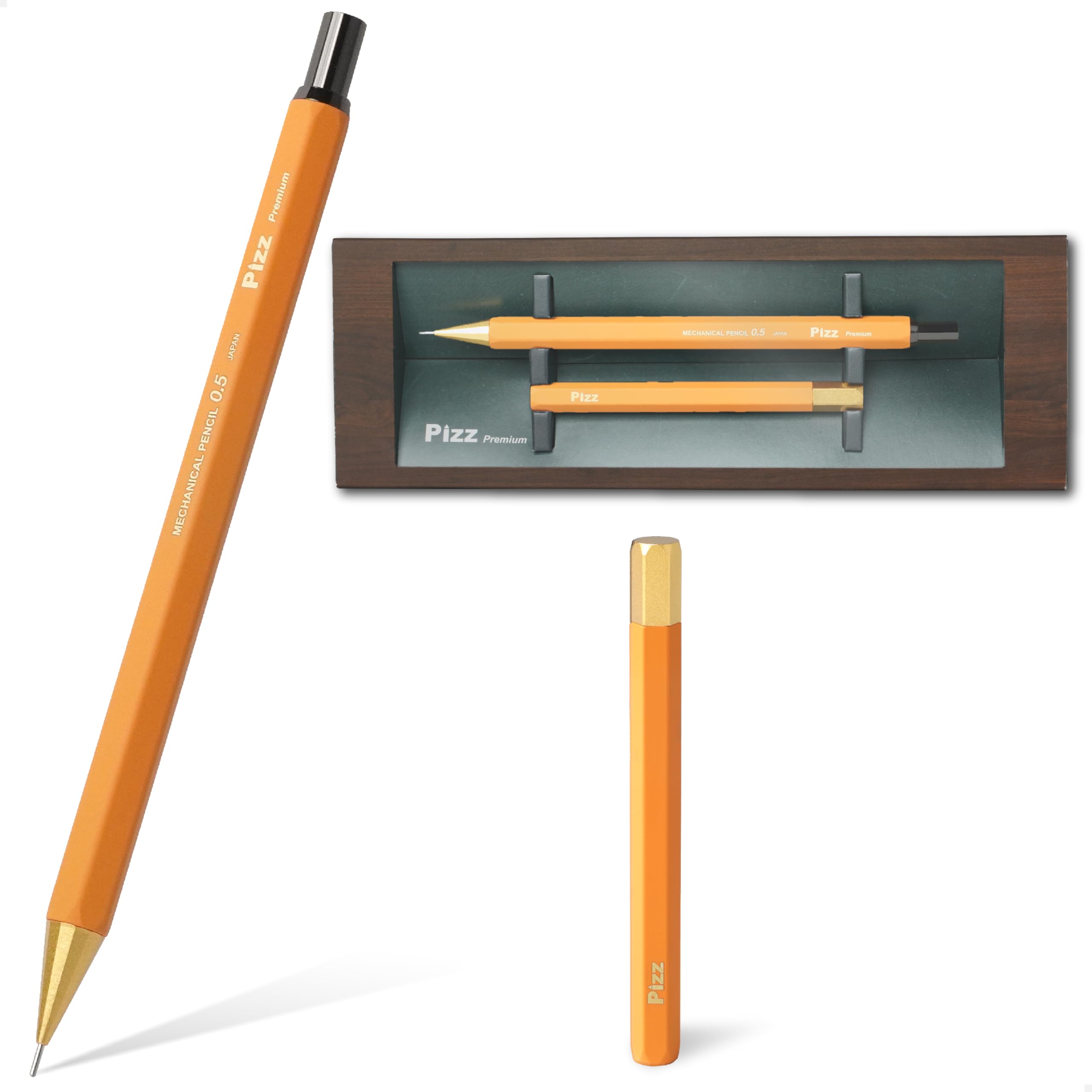 

Механический карандаш Pizz Premium с шестигранным стержнем, презентационный, сделано в Японии, в виде карандаша, латунный корпус, футляр, коробка в стиле классной доски, 0,5 мм (яркий