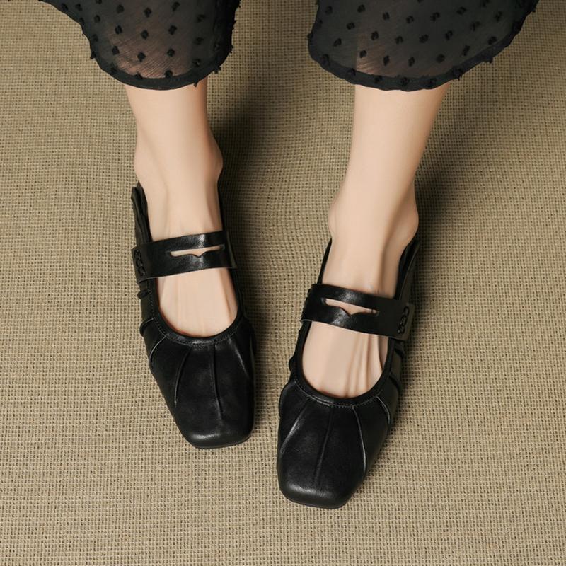 Fashion NEW Autumn/Spring Women Pumps Genuine Leather Shoes for Women Square Toe Low Heel Shoes Pleated Shallow Daily Shoes Mary Janes