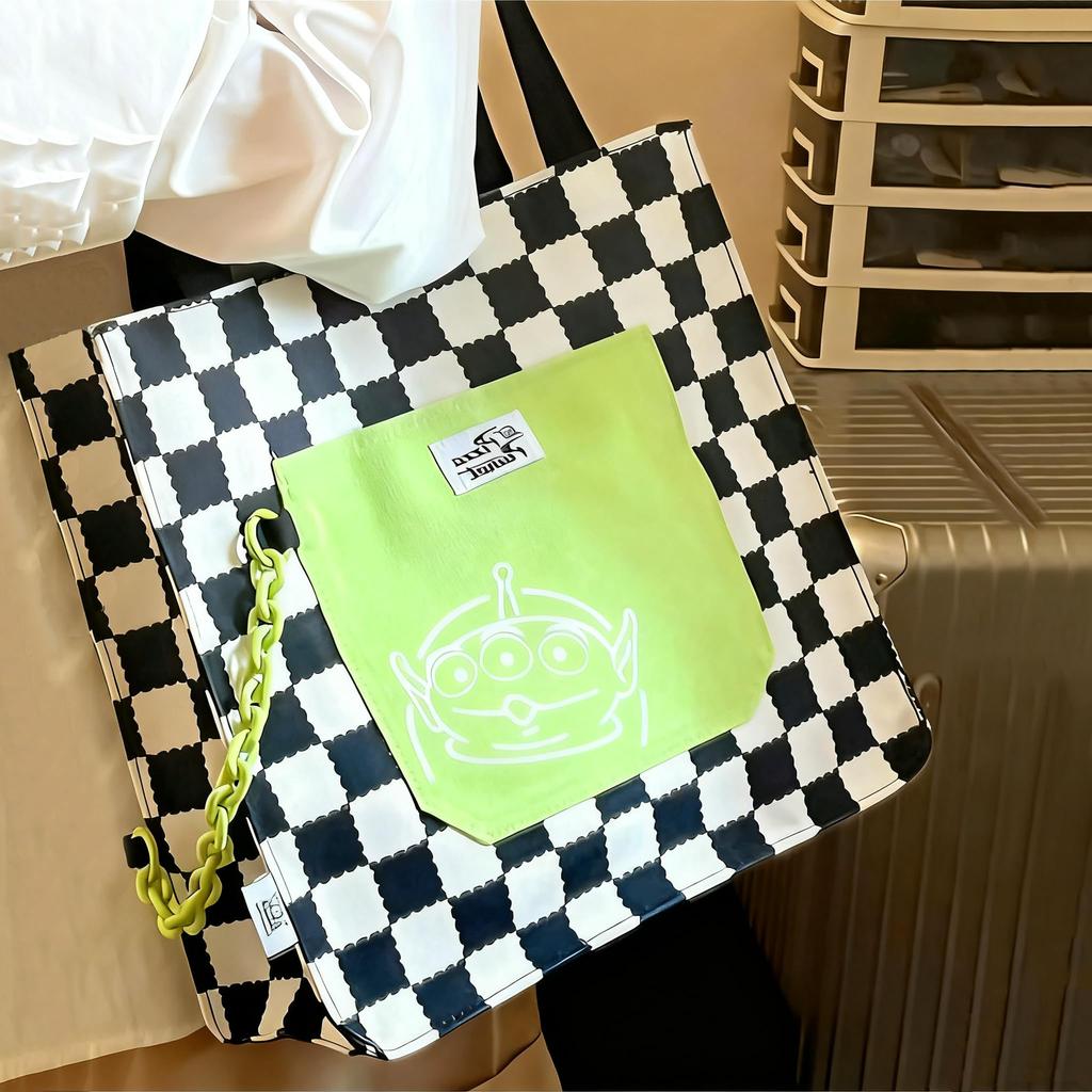 [hgTUP] Little Green Men Tote Bag, Canvas Tote Bag, Large Capacity, Alien Shoulder Bag, Canvas Tote Bag with Zipper and Interior Pocket, Eco Bag, Meet