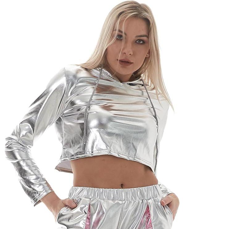 

Женские блестящие металлические толстовки с капюшоном, длинный рукав, укороченный топ, однотонная толстовка с капюшоном S серебряный