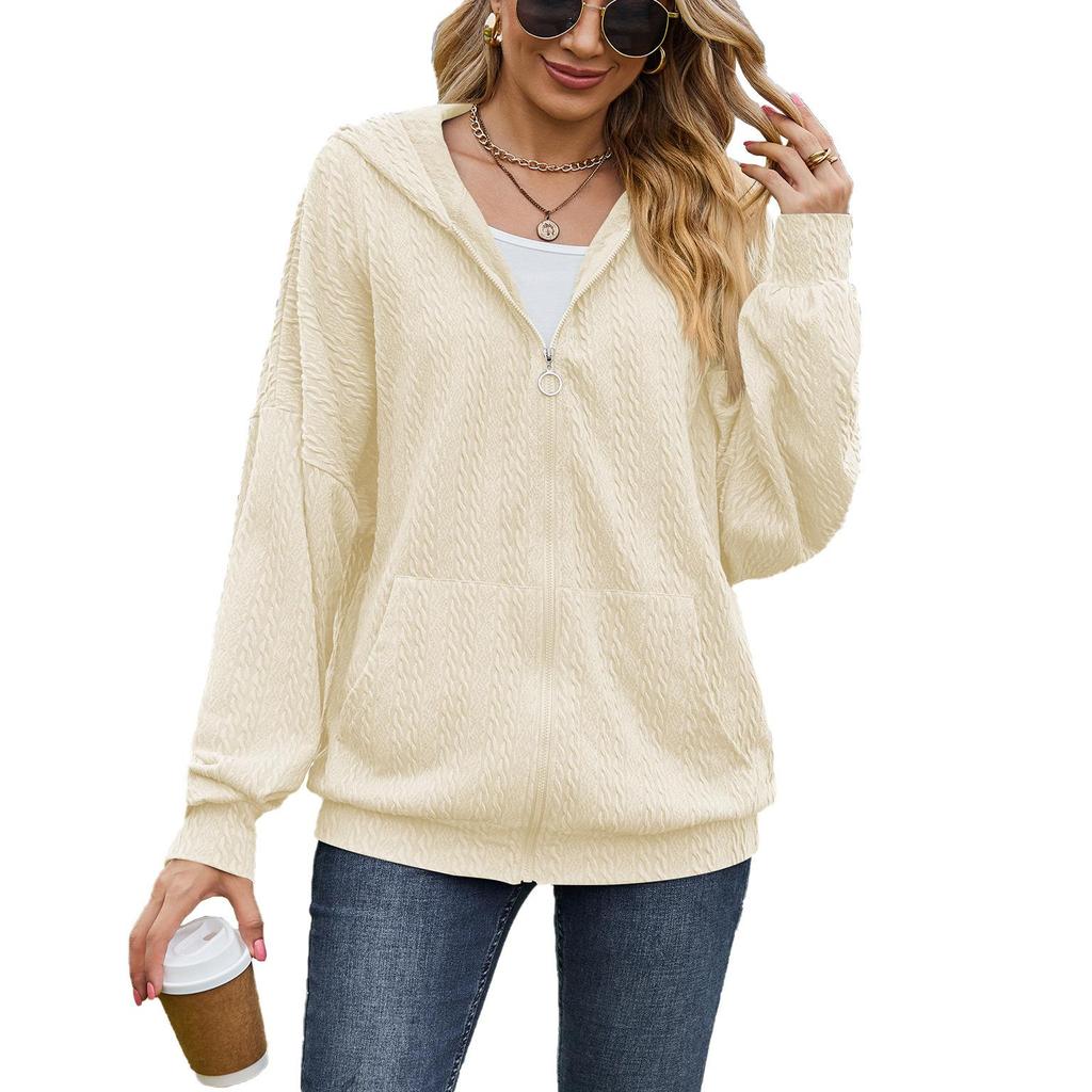 Lässige, einfarbige, atmungsaktive Damenjacke, langärmelig, lockerer Reißverschluss, leichte Jacke mit Taschen, lockerer, weicher, modischer Kapuzen-Sweatshirt-Mantel für Frauen