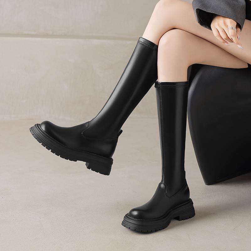 Krazing Pot Microfiber Autumn Winter Shoes Thick Bottom Platform Size 43 Long Boots Zipper Punk Style Thigh High Boots