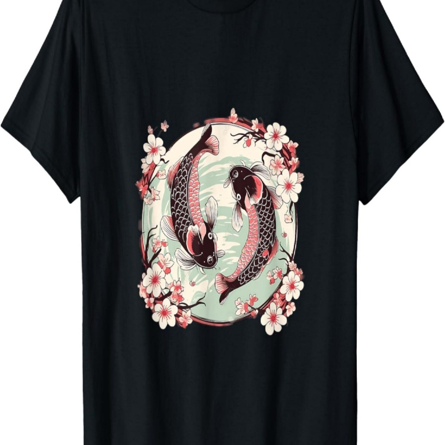 Koi Pond Reflection Cherry Blossom Fish Art T-Shirt S