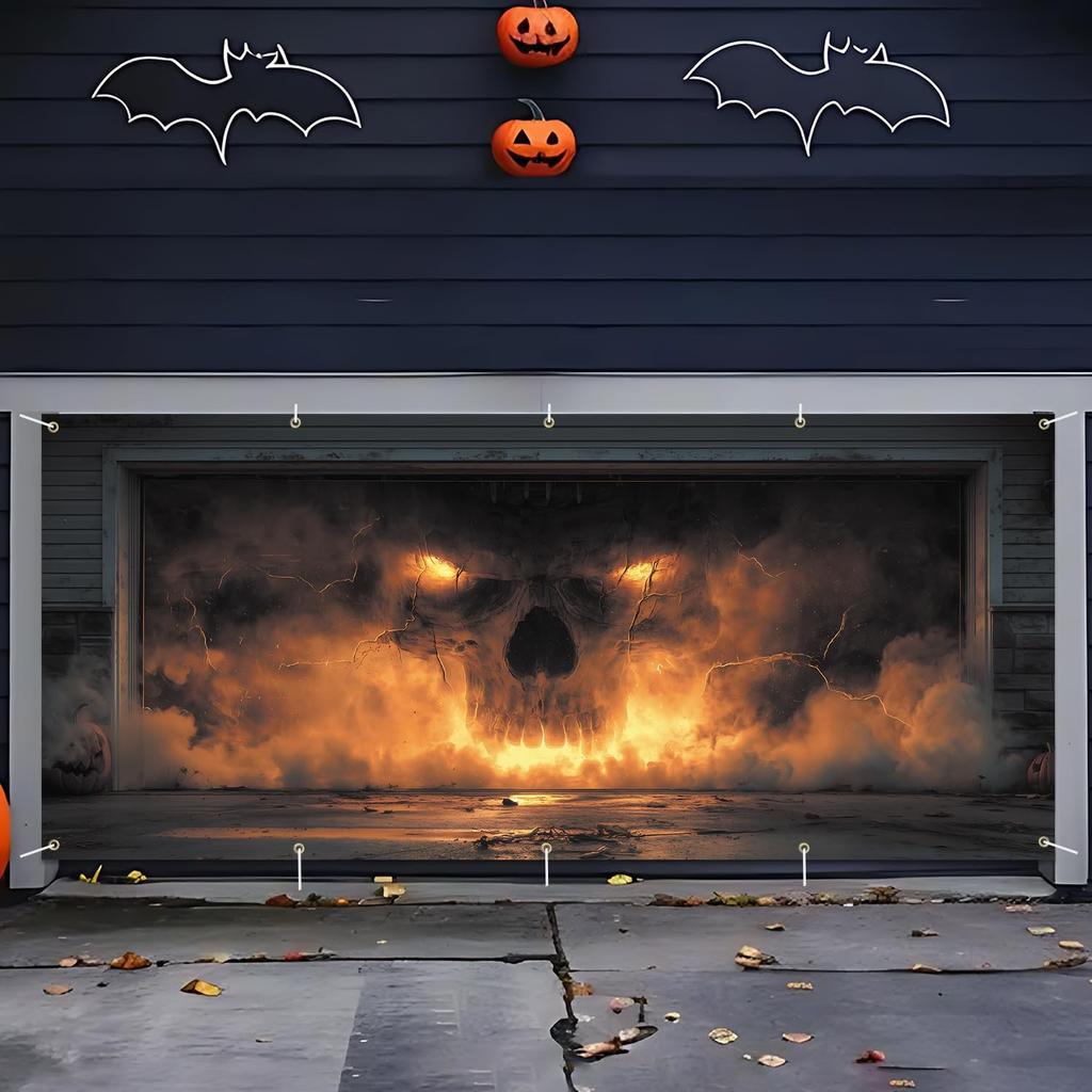 Halloweenový potah na garážová vrata s lebkou 7x16 stop, Dekorace na pozadí, Garážová vrata