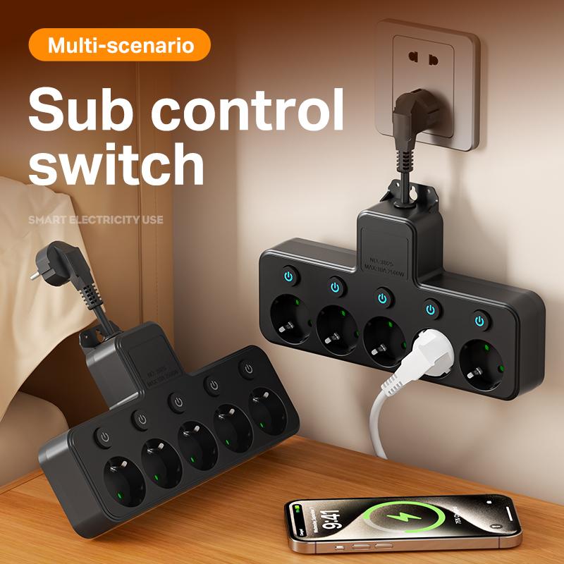 EU Power Strip – 5 AC Outlets with Independent Switches, Optional USB/Type-C