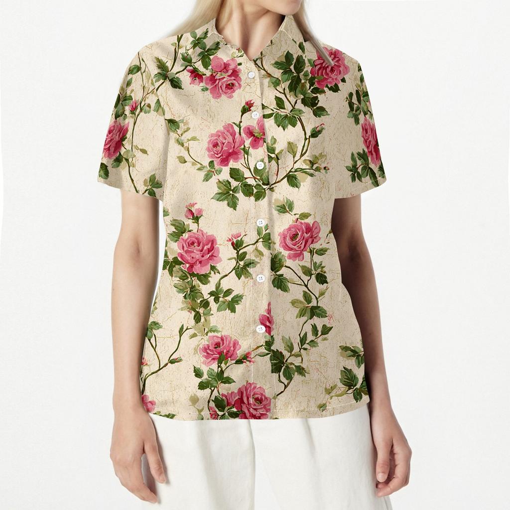 Women's Casual Short Sleeve Button Down Shirt Floral Print Collared Blouse Lightweight Summer Top for Outdoor Everyday Wear