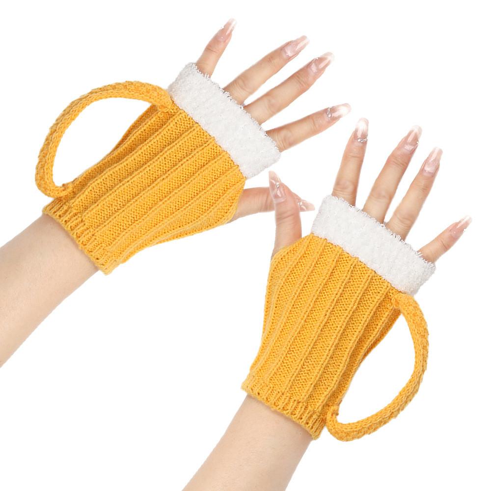 Unique 3d Design Yellow Fingerless Gloves For Winter Beer Lovers Cozy And Stylish