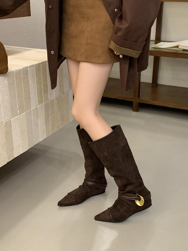 Sleeve stacking boots 2025 autumn new wedge heel metal buckle tip inner height increase matte leather high boots