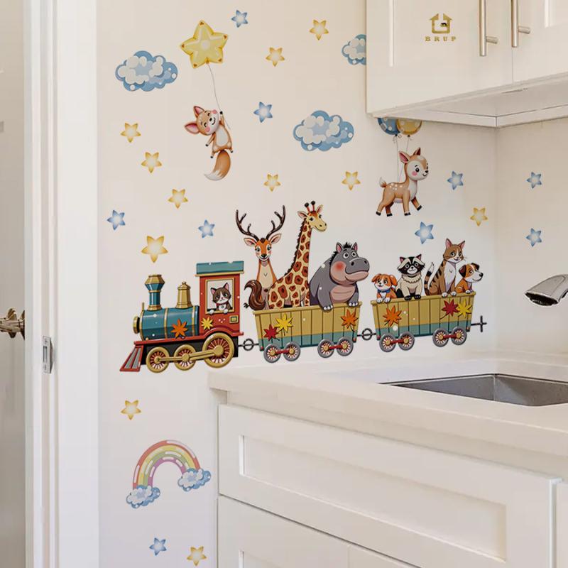 Kreslený zvířecí vlak Samolepka na zeď Odnímatelná PVC Dekorace na zeď Pro dětský pokoj Dětský pokoj Domácí dekorace
