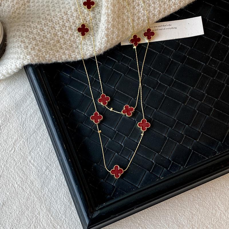 Light Luxury Four-leaf Clover Long Necklace Women with Fall and Winter Sweater Chain High-level Sense of Double Layered Stacked Clothes Pendant