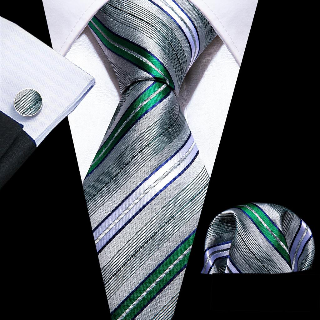 Barry.Wang Necktie Hankerchief Cufflinks Set Black Green Striped Jacquard Woven Wedding