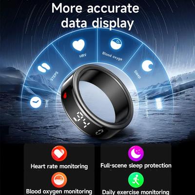 Smart Ring Men Women LED Display Heart Rate Blood Oxygen Sleep Monitor Multi-Sport Mode Gesture Swipe Video 5ATM Waterproof Ring