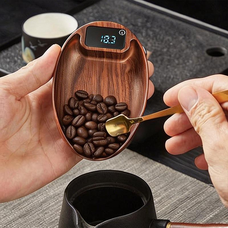 JUSTINLAU 0.1g High-precision Coffee Scale Electronic Coffee Weigh Scale with Bean Tray Walnut Wood Grain Mini Coffee Bean Scale