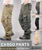 Atkata Men's Cargo Pants, Workwear, Outdoor, Stylish Cotton, Solid Color, Loose Fit, Green, Size 40