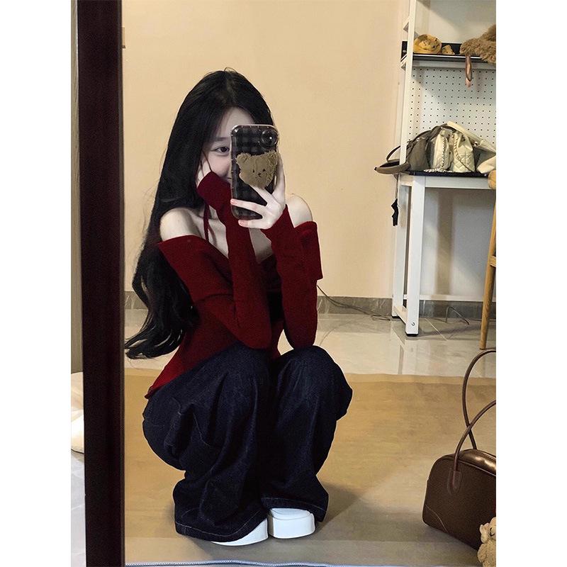 Chic Spicy Girl Bow Halter One-Shoulder Knit Top with Long Sleeves M вино красного