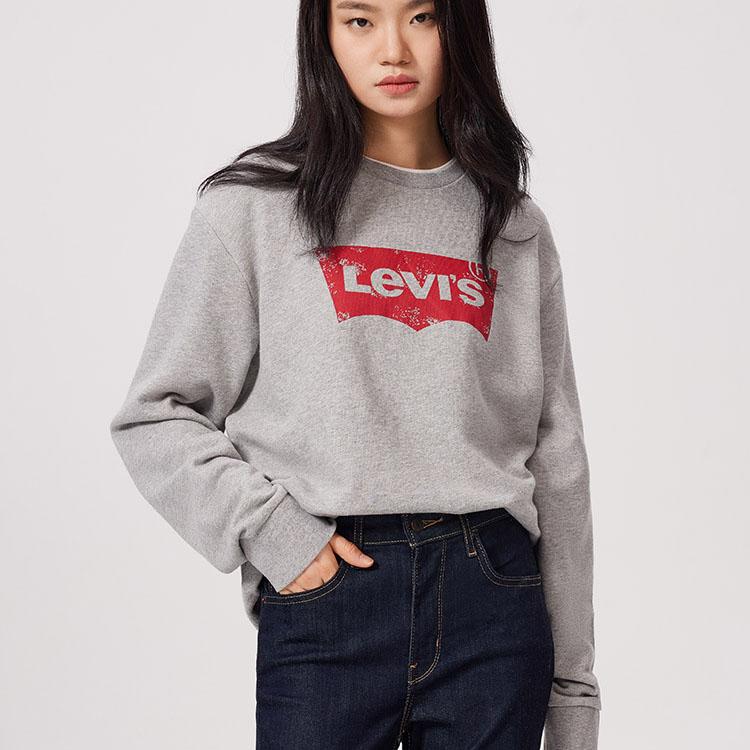 Levis Letter Print Crew Neck Casual Long Sleeve Loose Sweatshirt Men Sweatshirt Gray 19492-0026