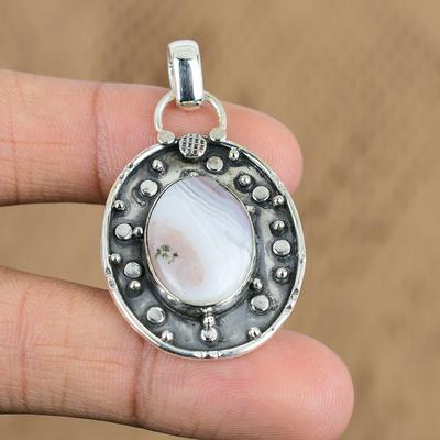Vente Fête des Mères Pierre Précieuse Agate du Botswana Ovale Argent Sterling Unique Nouveau Pendentif