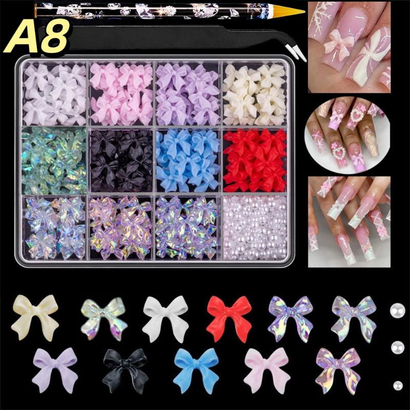 12/15 Grids/Box Mixed Resin Bowknot Nail Charms 3D Colorful Bow  Nail Art Decorations Diy Manicure Parts With Tools