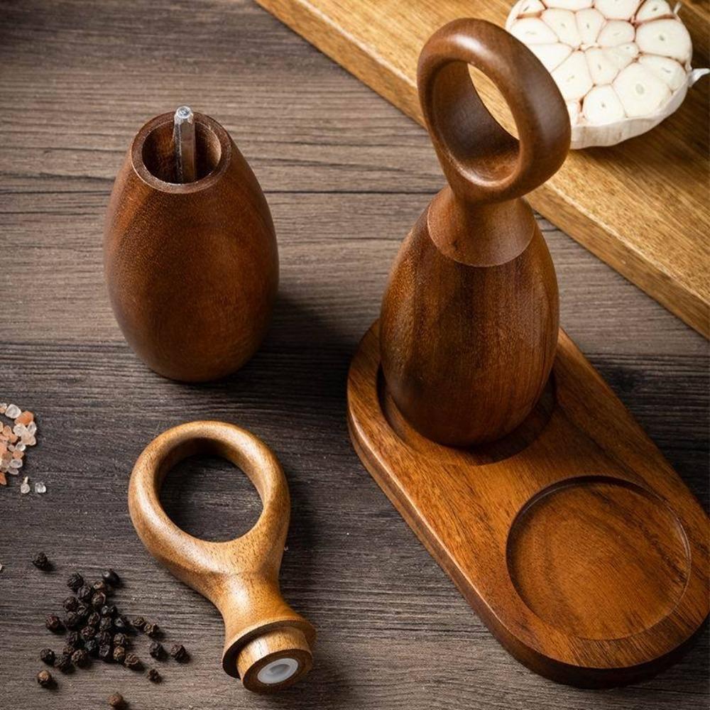 2pcs Ceramic Core Acacia Wood Pepper Grinder with Storage Base Adjustable Particle Size Pepper Salt Grinding Bottle Nordic Style
