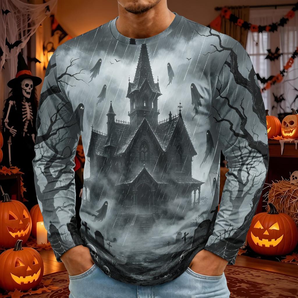 Men's Long Sleeve Halloween Print T-Shirt with Round Neck, Fashion Top for Halloween Events