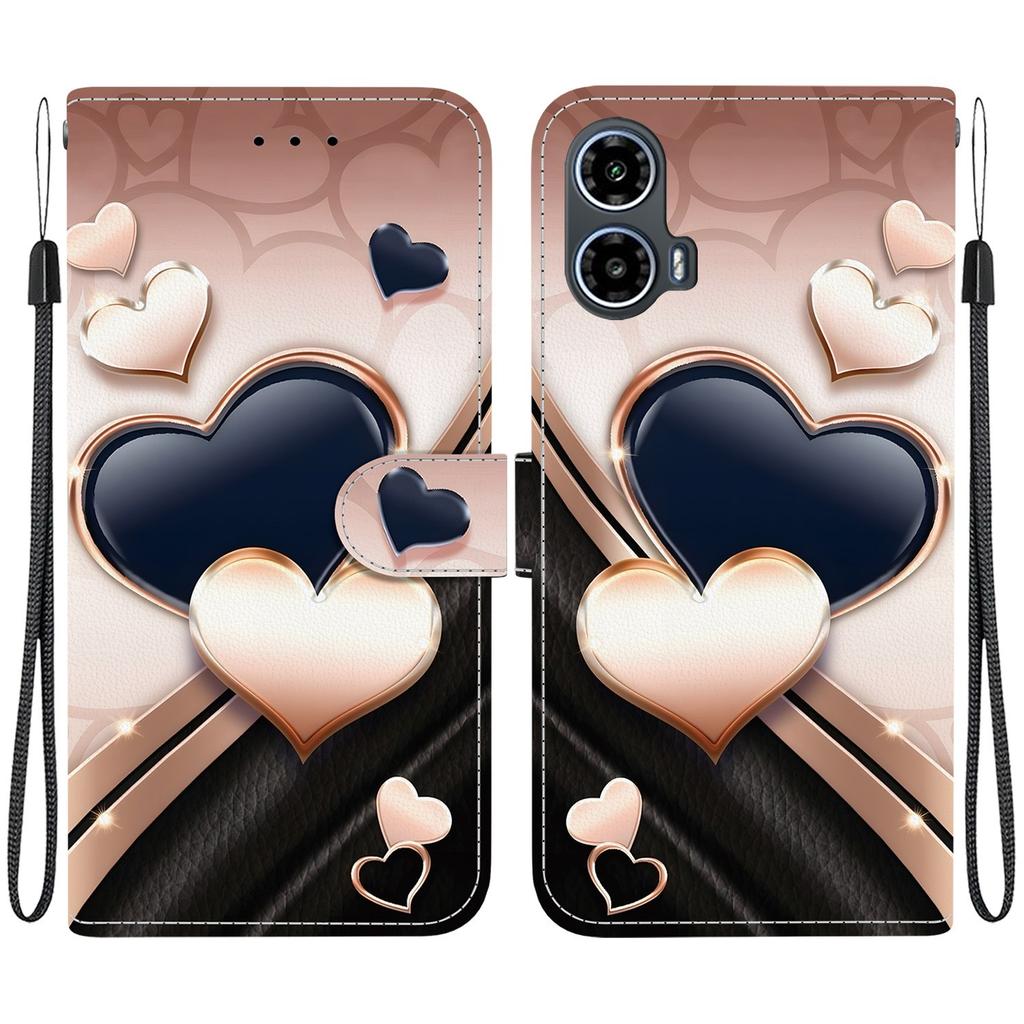 Handmade PU Leather Flip Case for Motorola Moto G34 Anti-Slip Shockproof Cover with Wrist Strap & Heart/Rose Cat Designs
