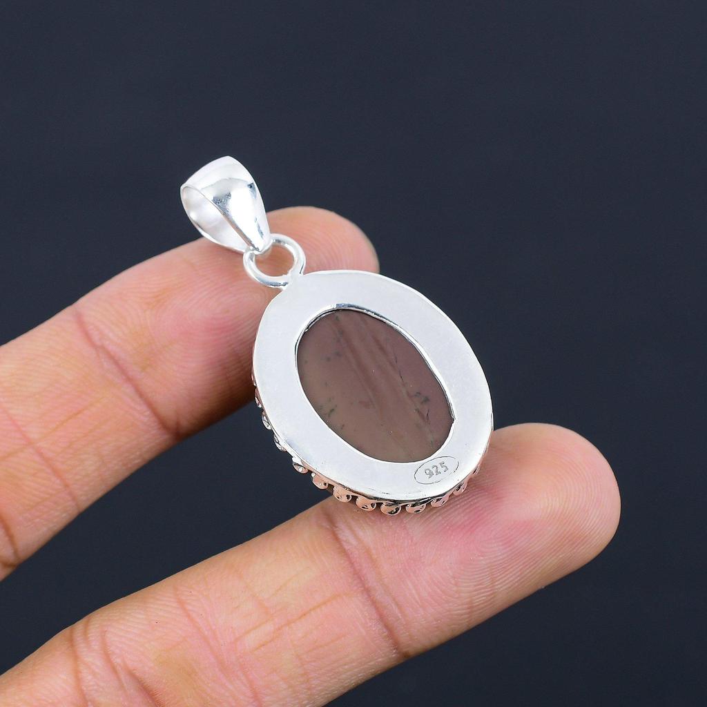 Oval Natural Coffee Bean Jasper Sterling Silver Trendy Engagement Unique Pendant