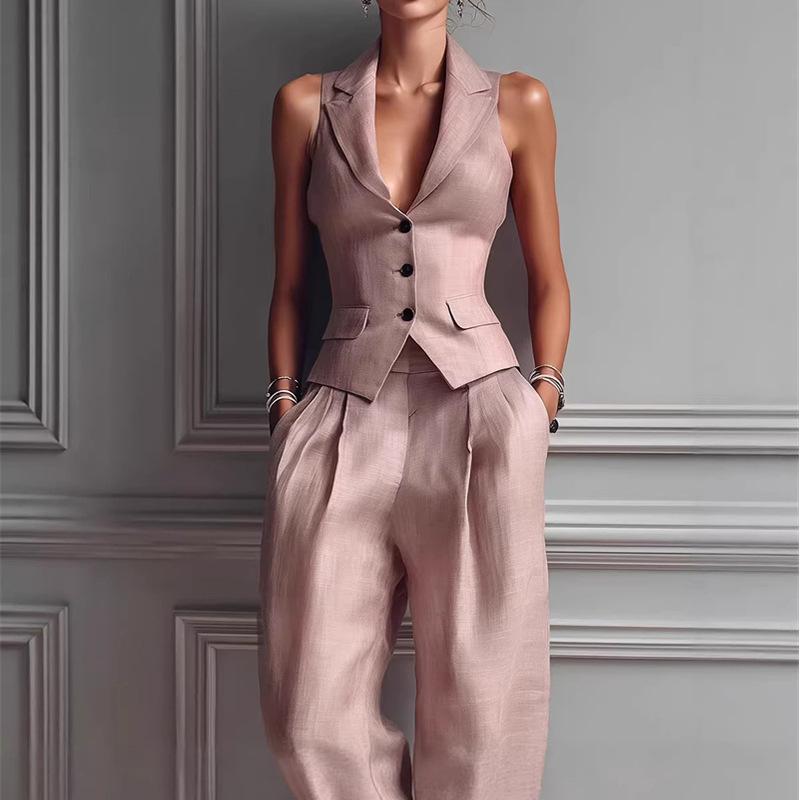 Women Two Piece Vest Pants Suit V Neck Sleeveless Button Waistcoat High Waist Pleated Wide Leg Trousers Business Office Outfit