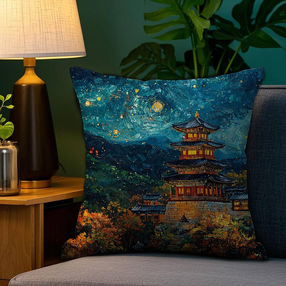 Korea Foguo Temple Pillow Case Plush Fabric Soft Double Sided Print Home Sofa High Quality Cushion Cover Throw