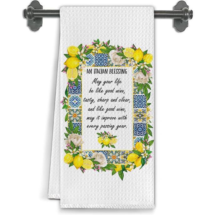 Italian Blessing Lemon Kitchen Towels, Italian Floral Lemon Dish Tea Towels for Kitchen Decor, Mediterranean Tiles Lemons Decorative Hand Towel for