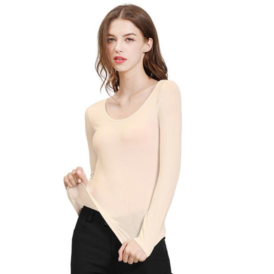 

Women T-shirt Scoop Neck Solid Color Basic Long Sleeves Pullover Warm Close-fitting Breathable Women Base Top for Daily Wear L