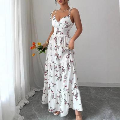 Nuova Gonna Lunga Floreale Sottile Aderente Estiva con Scollo a V Abito Sospensorio Stampato Fatato