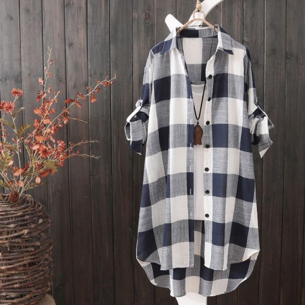 Women's Point Collar Long Sleeve Plaid Blouse Loose Fit Casual Cotton Tunic Shirt Outerwear